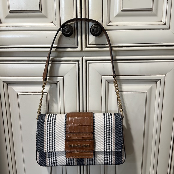 Michael Kors Sage Medium Blue Striped Canvas Shoulder Bag - Picture 4 of 10
